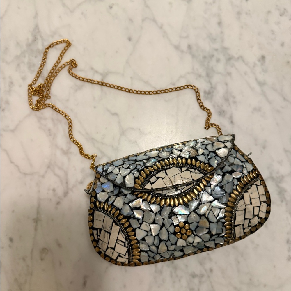 Elegant Mosaic Clutch with Gold Chain
